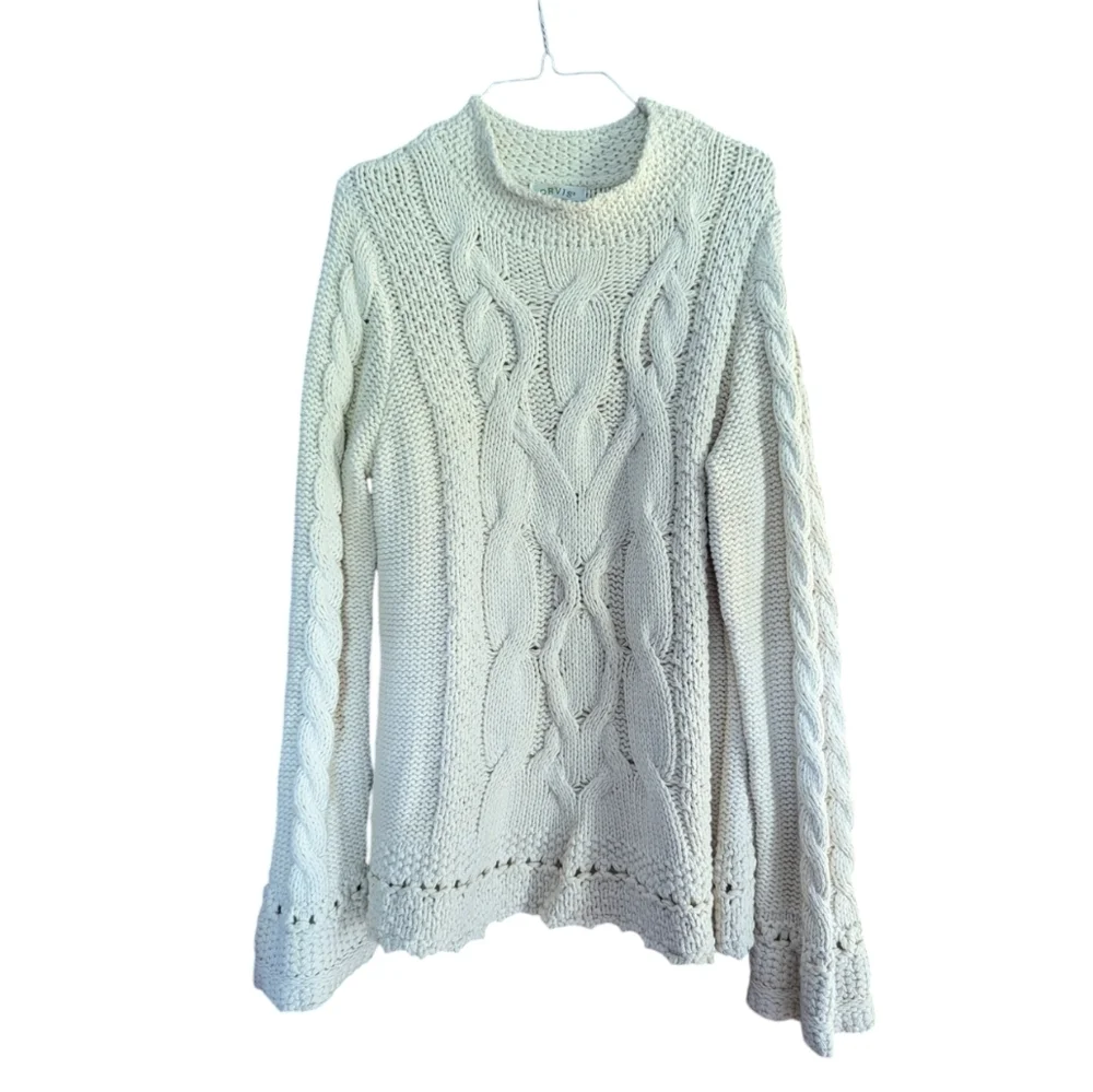 Orvis Chunky Cable Neck Cream Cowl Neck Sweater Size Large